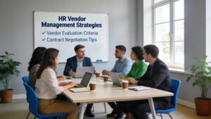 Team discussing HR vendor management strategies in a collaborative office environment