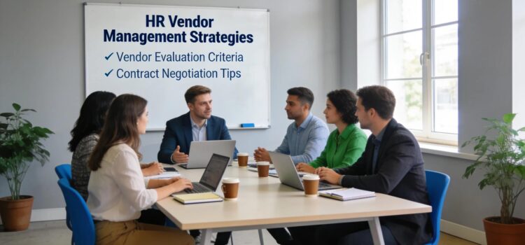 Team discussing HR vendor management strategies in a collaborative office environment