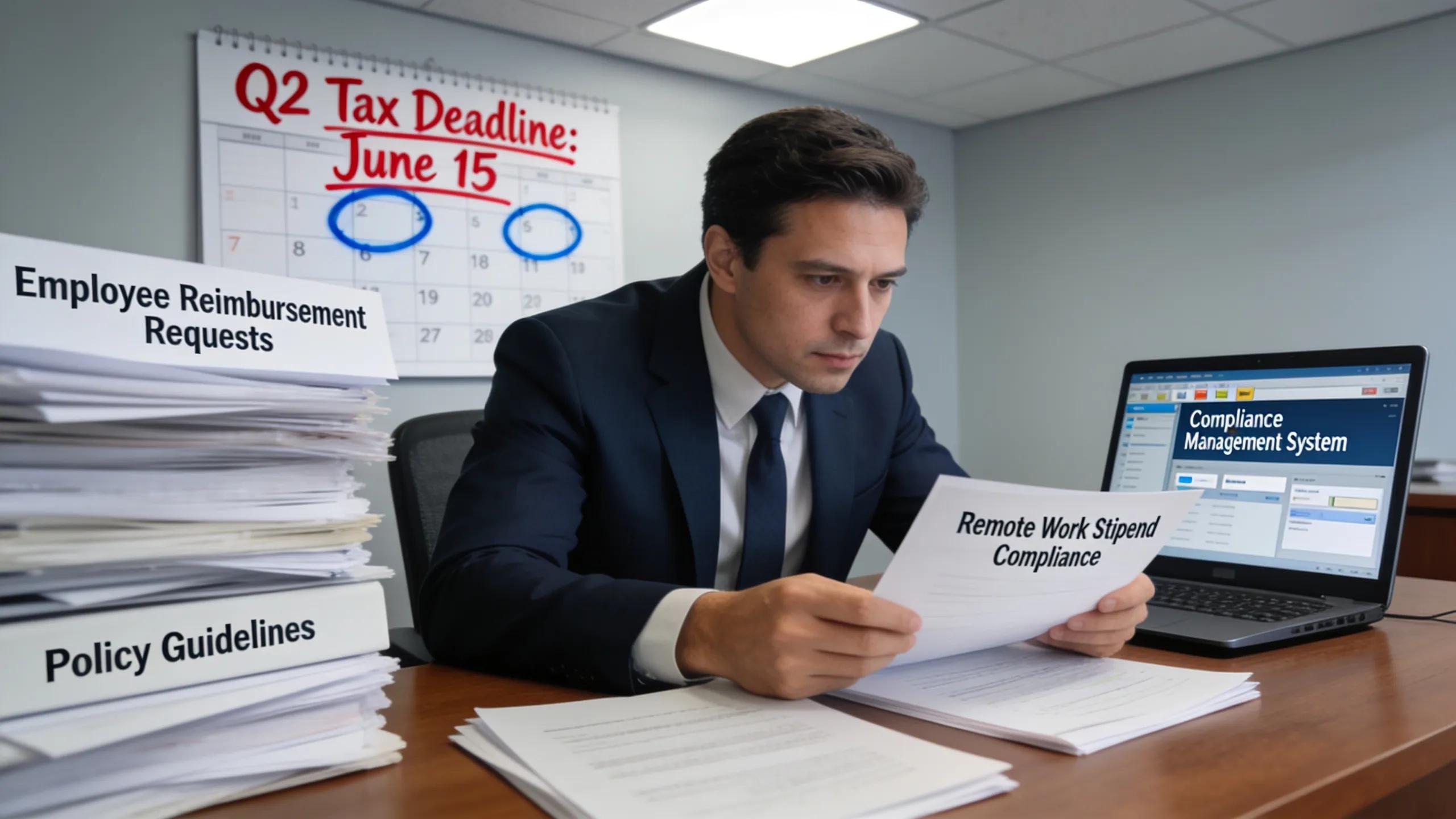 Compliance officer reviewing documents for remote work stipend tax requirements