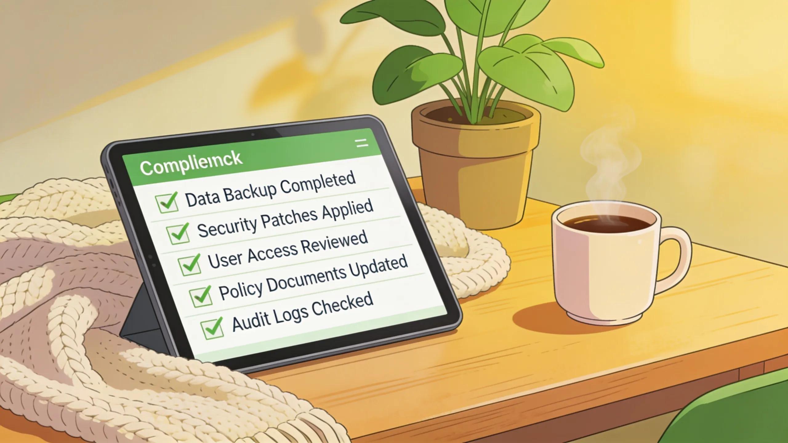 Compliance checklist on tablet with a cozy workspace setup