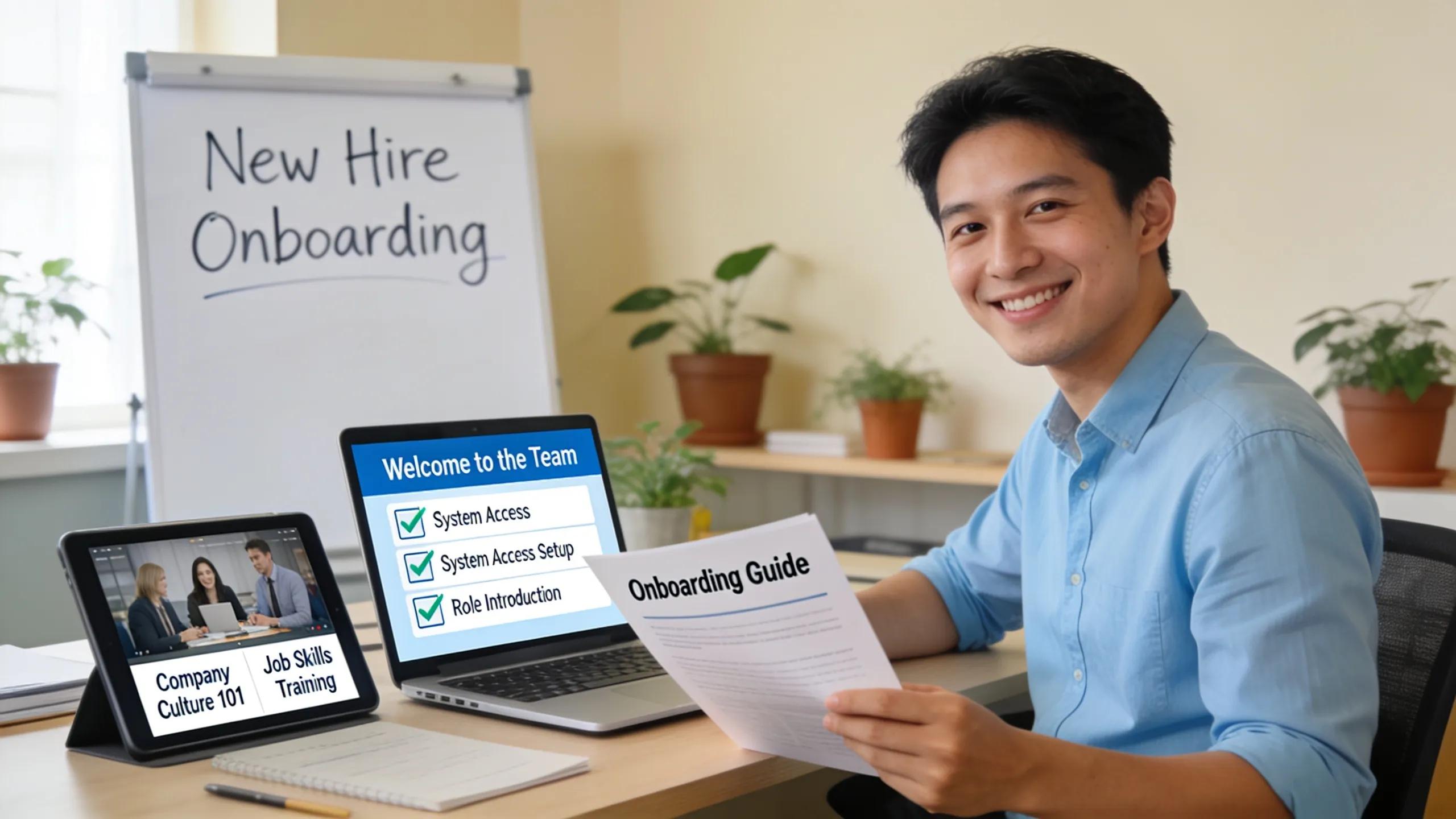 New hire completing onboarding steps on laptop and tablet in a welcoming office