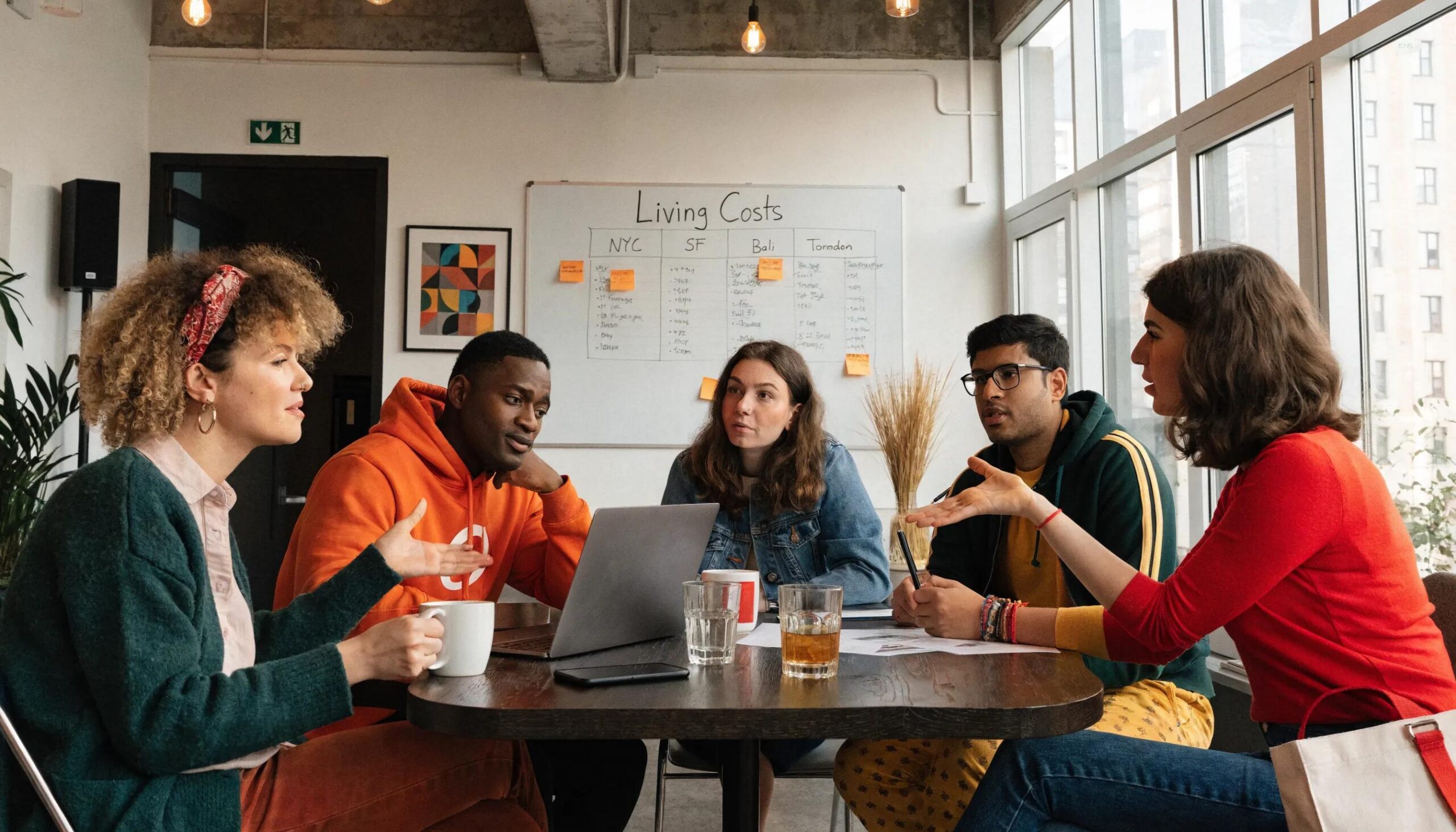 Diverse remote employees discussing stipend amounts with visual aids on living costs