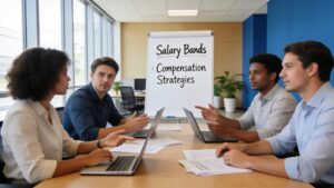 Collaborative office scene depicting employees discussing salary bands and compensation strategies