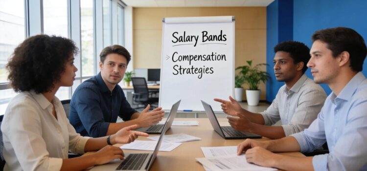 Collaborative office scene depicting employees discussing salary bands and compensation strategies