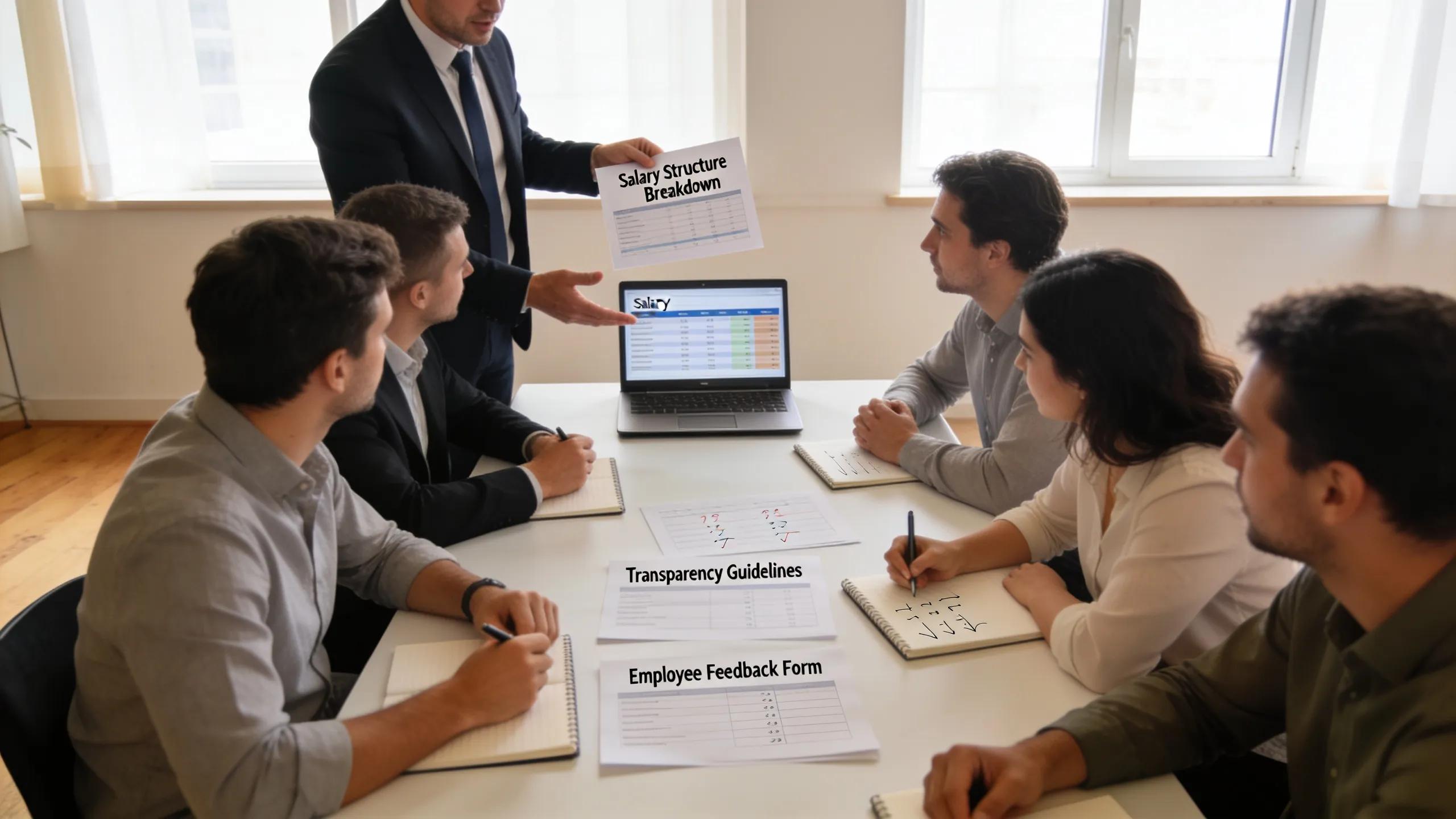 Manager discussing best practices for transparent communication of compensation systems during a staff meeting
