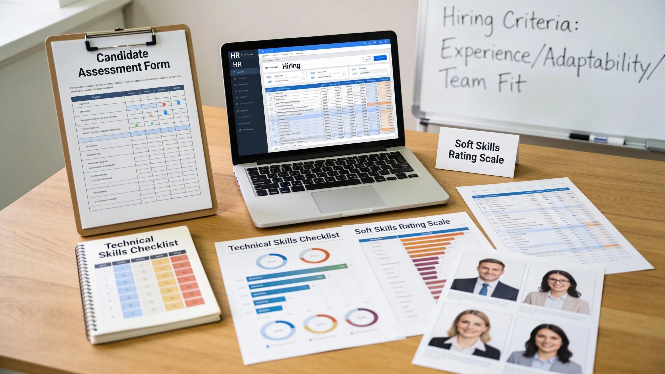 Assessment tools and criteria laid out on a desk for effective hiring selections