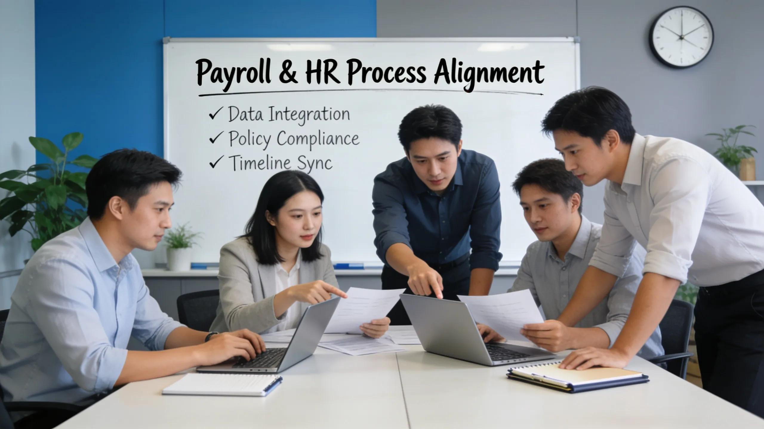 HR team collaborating to align payroll and HR processes in an office setting