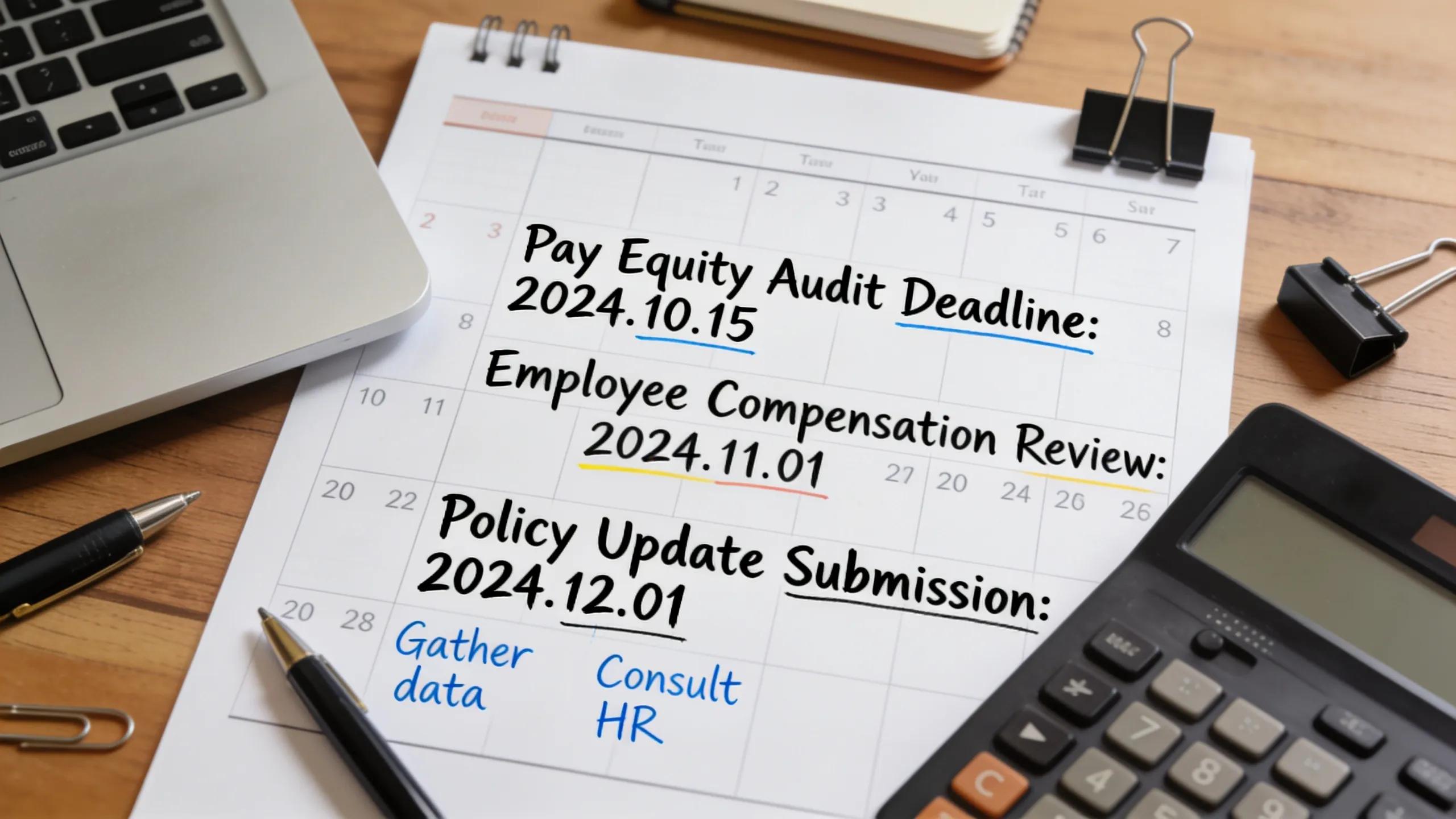 Close-up of a compliance calendar with reminders, symbolizing actionable steps for pay equity compliance