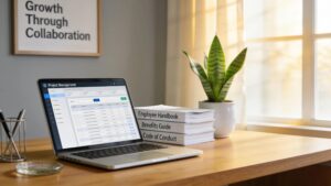 Workspace setup with HR policy documents and a laptop representing essential HR strategies for SMBs