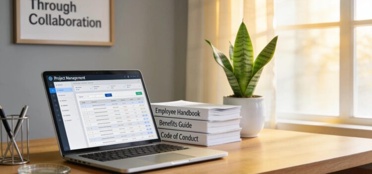 Workspace setup with HR policy documents and a laptop representing essential HR strategies for SMBs