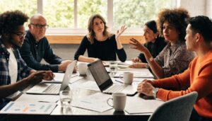 Diverse business leaders collaborating on change management strategies in a modern office setting