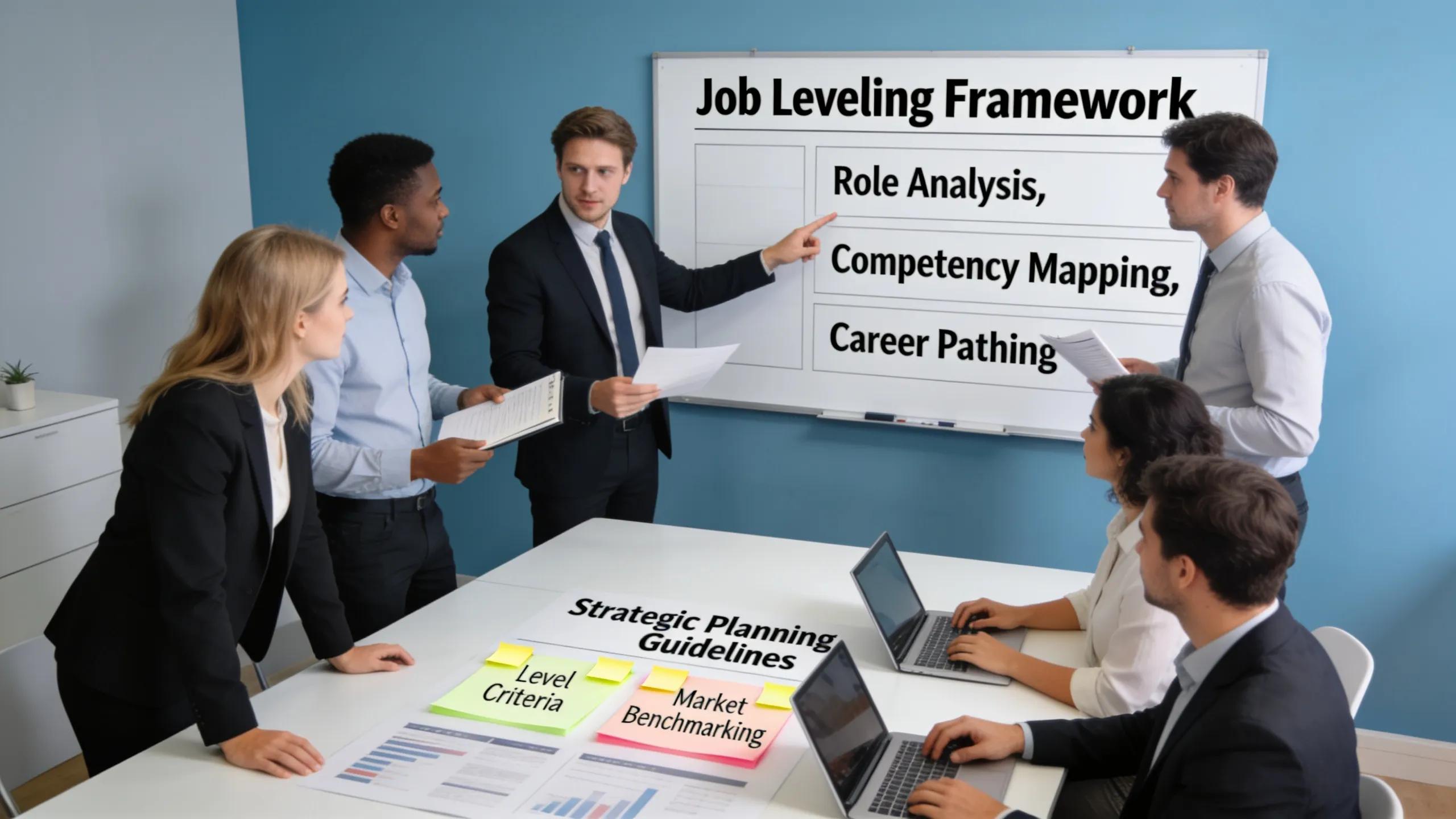 HR team at work developing an effective job leveling framework with strategic planning visuals