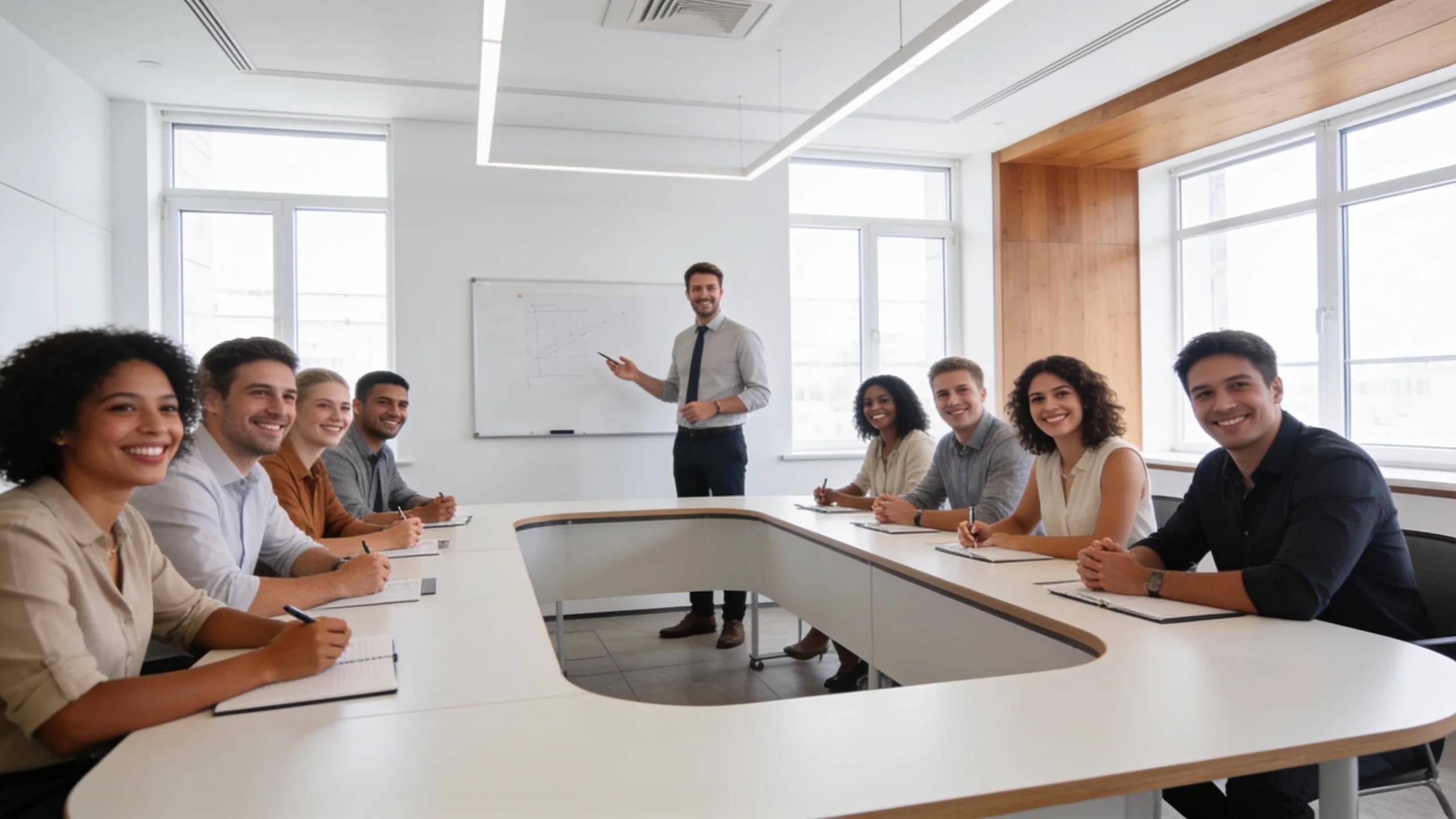 Leader presenting effective communication strategies to engaged employees in a modern conference room