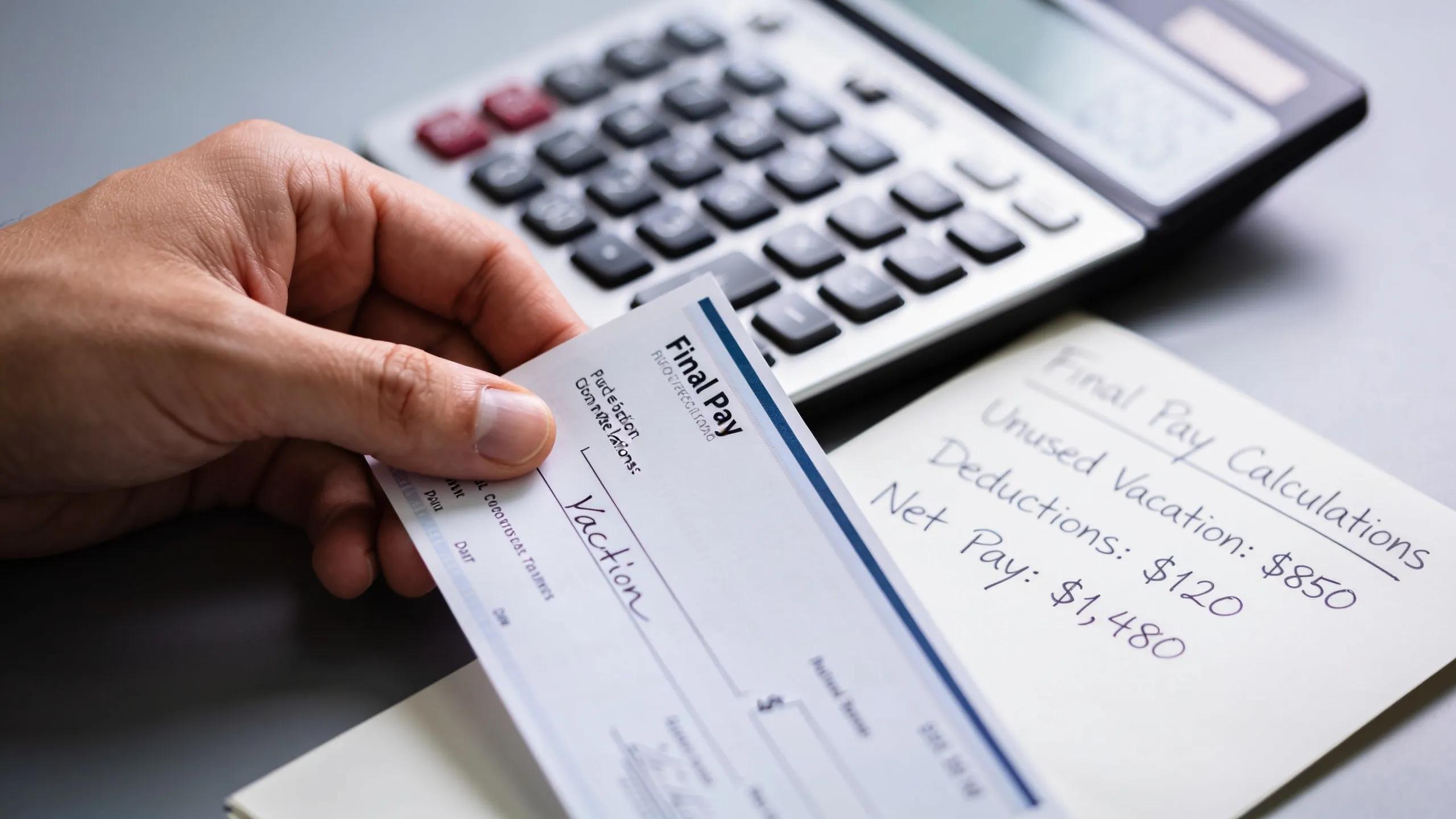 Close-up of a paycheck with final pay elements, emphasizing transparency in termination finances