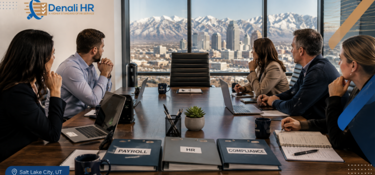 PEO Utah Guide: How Growing Businesses Can Reduce HR Risk Before It Becomes a Claim Business team discussing payroll, HR, and compliance in a modern office setting with a view