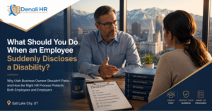 Business owner meeting with an employee about a workplace disability accommodation while following ADA compliance, HR best practices, and PEO guidance in Salt Lake City, Utah.