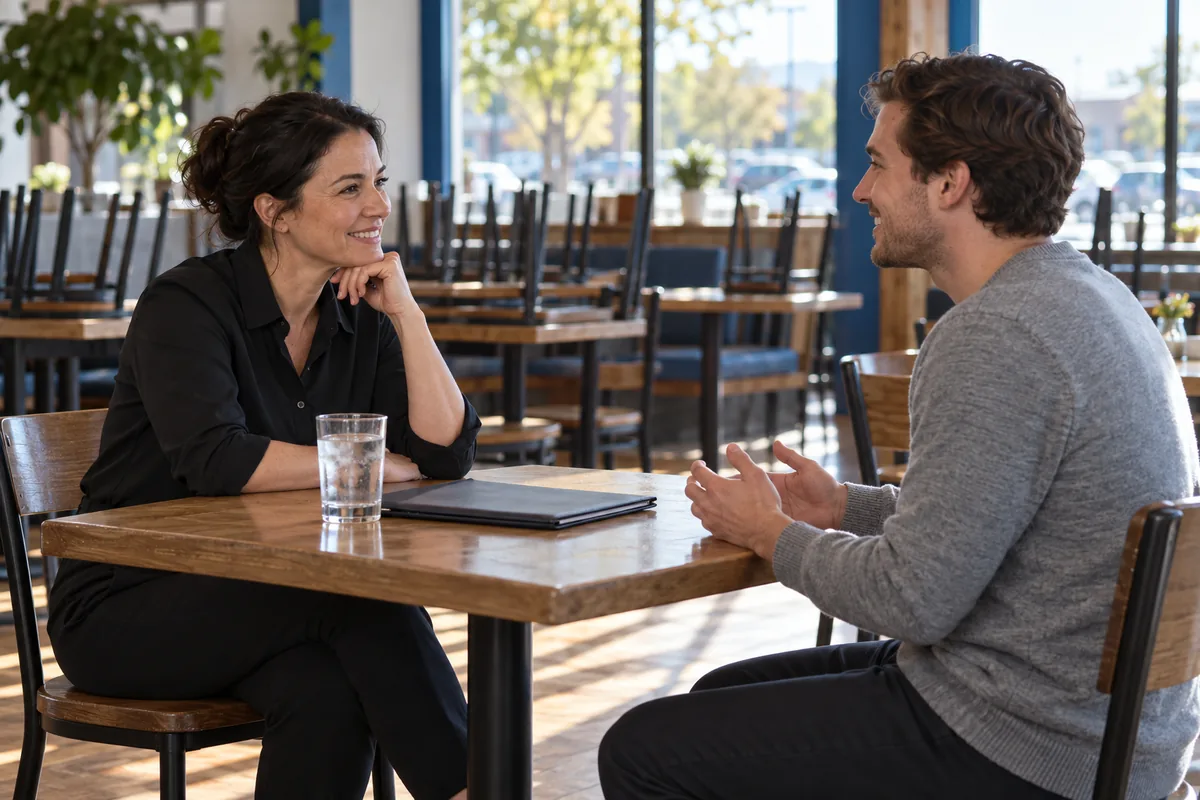 Restaurant manager interviewing a server candidate at a dining-room table before opening in a Salt Lake valley eatery