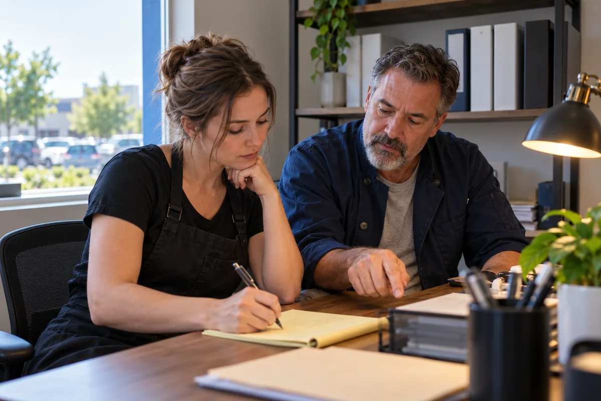Owner and team lead preparing interview questions on a notepad angled away from camera in a small Utah office