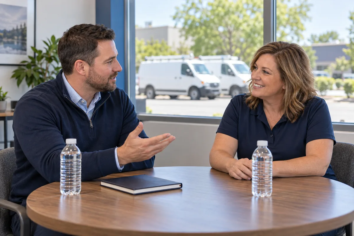 HR advisor visiting the office of a Utah HVAC company, talking with the owner at a small table about how co-employment works