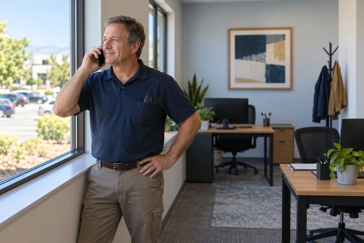 HVAC company owner on a phone call by the window of his small shop office, thinking through which HR model fits
