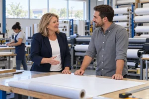 Print shop owner and a salaried team lead talking through job duties at a counter-height table on the shop floor