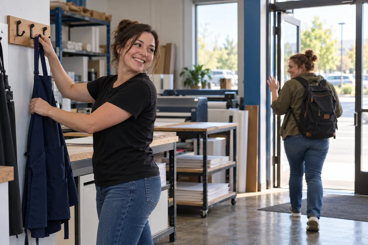Hourly print shop technician hanging up her apron at the end of a shift while coworkers head out in the evening light